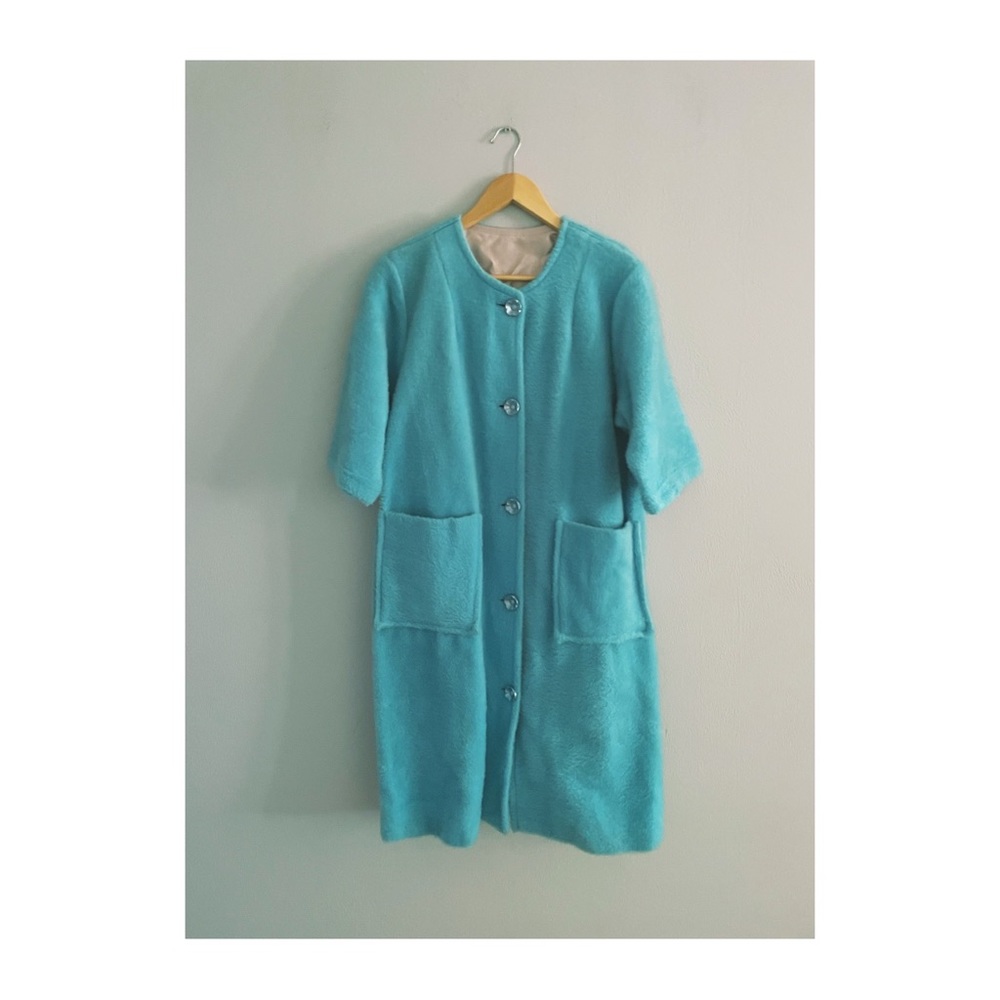 1960's Leisure Lady Retro Turquoise Blue Fuzzy Overcoat